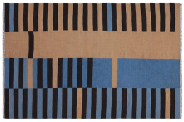 Flat Weave Kilim, Antique, Navaho, Vintage, Handmade, Modern Kilim Blue Brown Hand-Woven Rectangle 100% Wool Area Rug 6 x 8